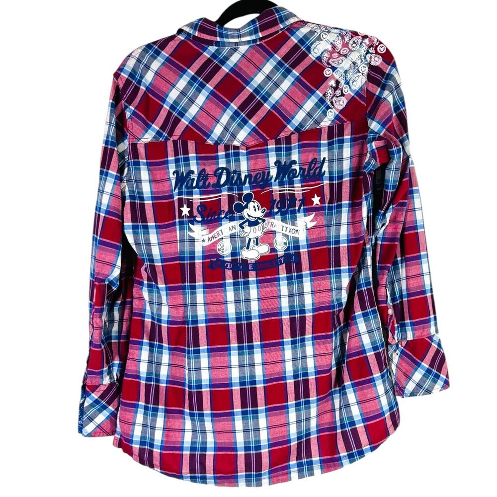 Disney World Parks Plaid Button Up Paisley Embroidered Mickey Mouse Shirt Medium